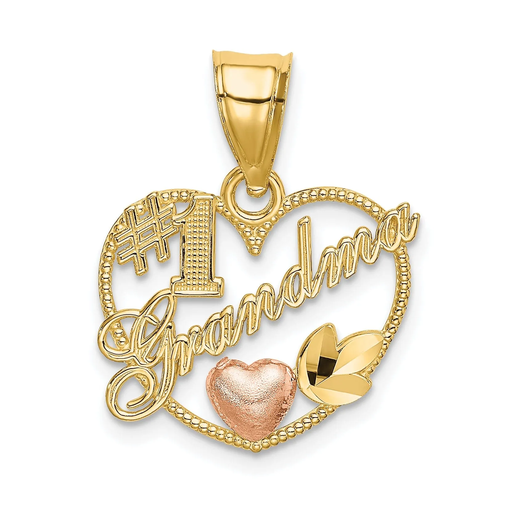 14k Two-Tone Gold Polished Beaded Texture Finish #1 GRANDMA In Heart Shape Frame Charm Pendant