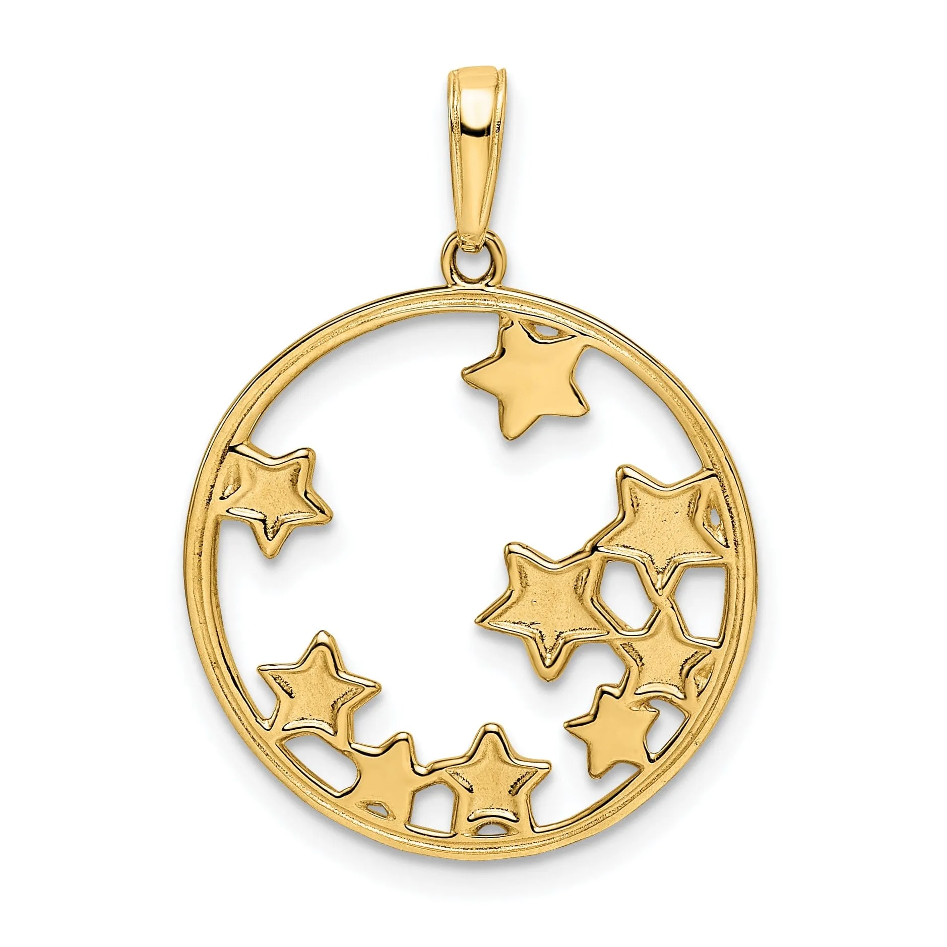 14k Yellow Gold & White Rhodium Open Back Solid Diamond Cut Polished Finish Women's Star Shape with little Stars Circle Design Charm Pendant