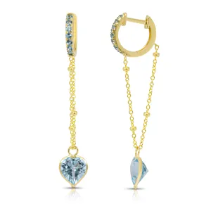 14K Yellow Gold Pendulum Heart-Shaped Blue Topaz Gemstone Chain Huggies