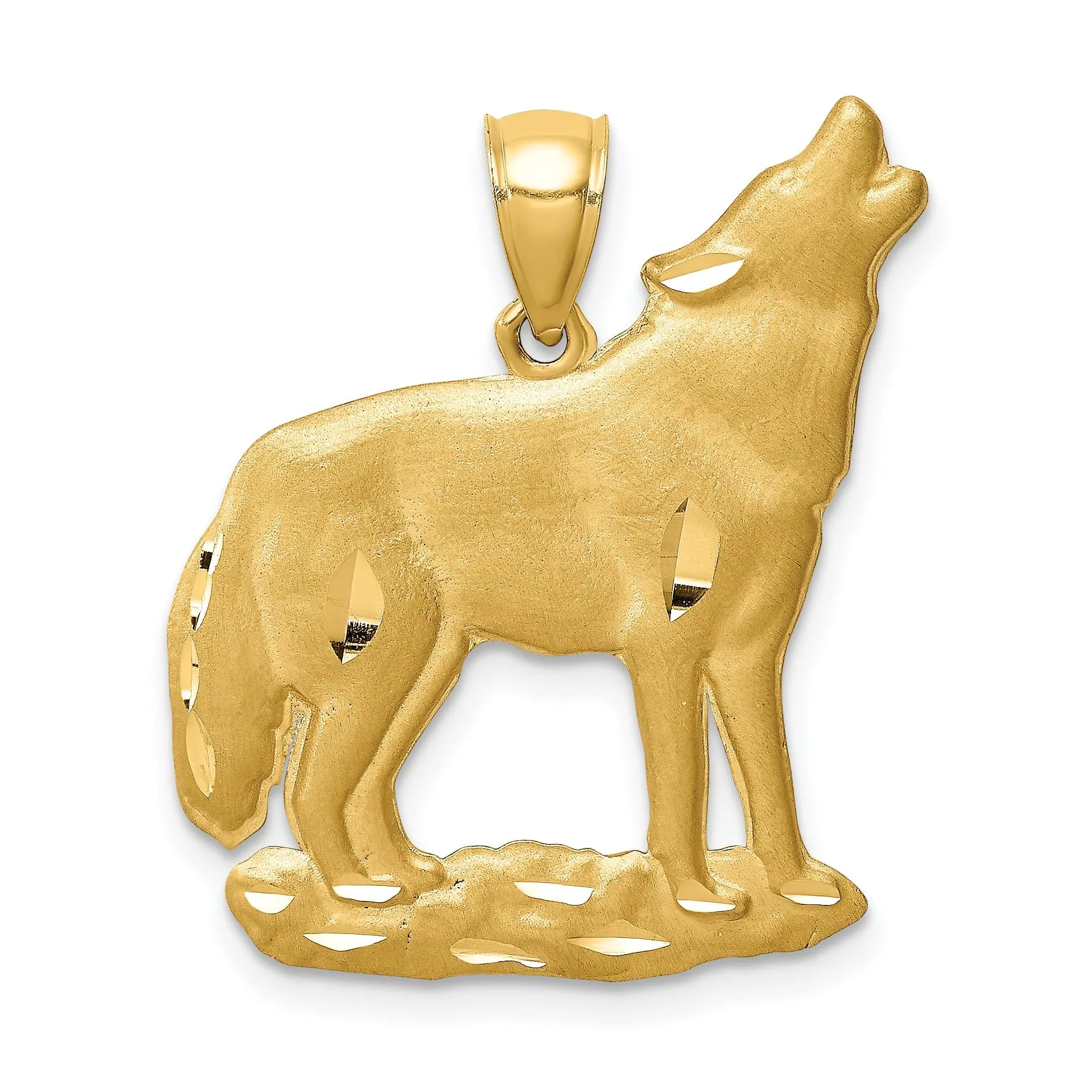 14K Yellow Gold Solid Brushed Diamond Cut Finish Wolf Howling Design Charm Pendant