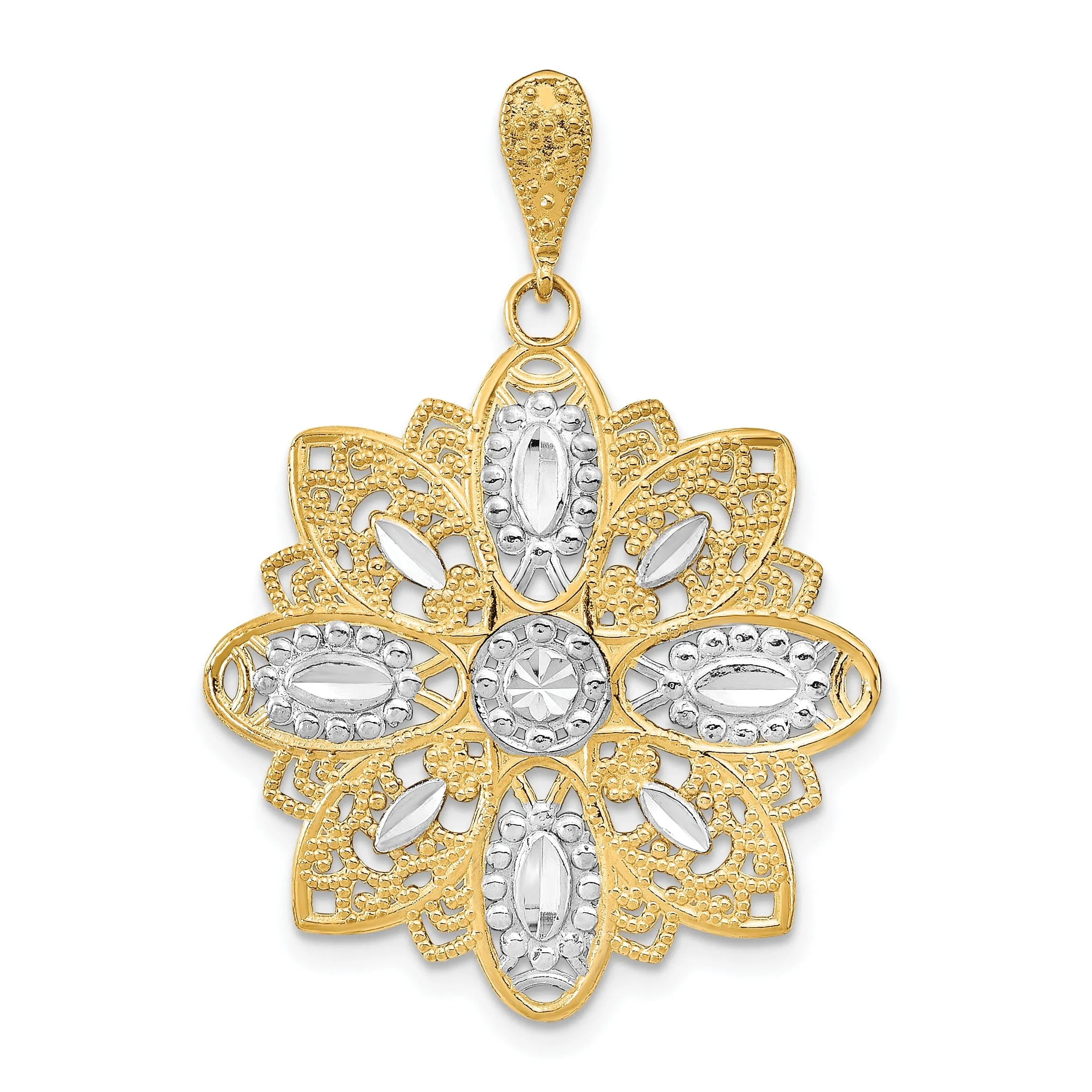 14K Yellow Gold, White Rhodium Polished Diamond Cut Finish Filigree Beaded Flower Design Pendant