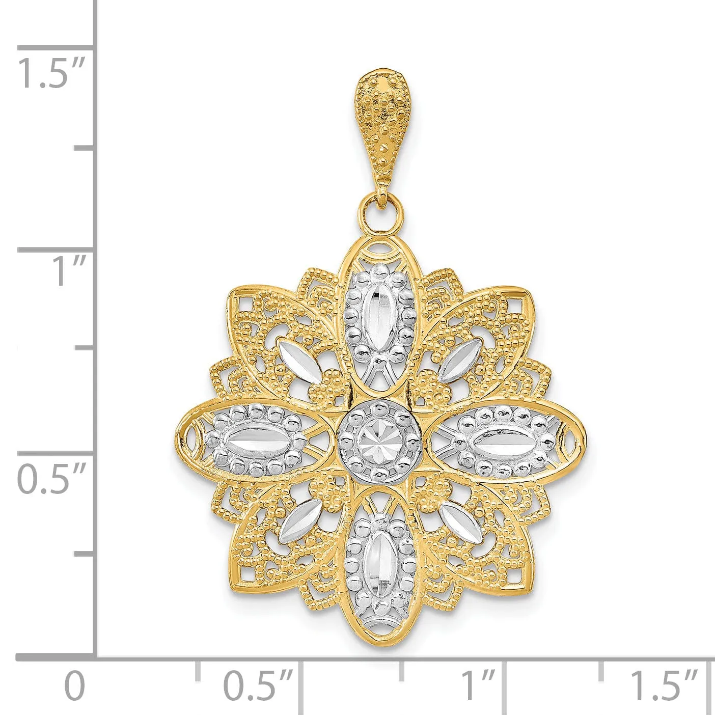 14K Yellow Gold, White Rhodium Polished Diamond Cut Finish Filigree Beaded Flower Design Pendant