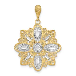 14K Yellow Gold, White Rhodium Polished Diamond Cut Finish Filigree Beaded Flower Design Pendant