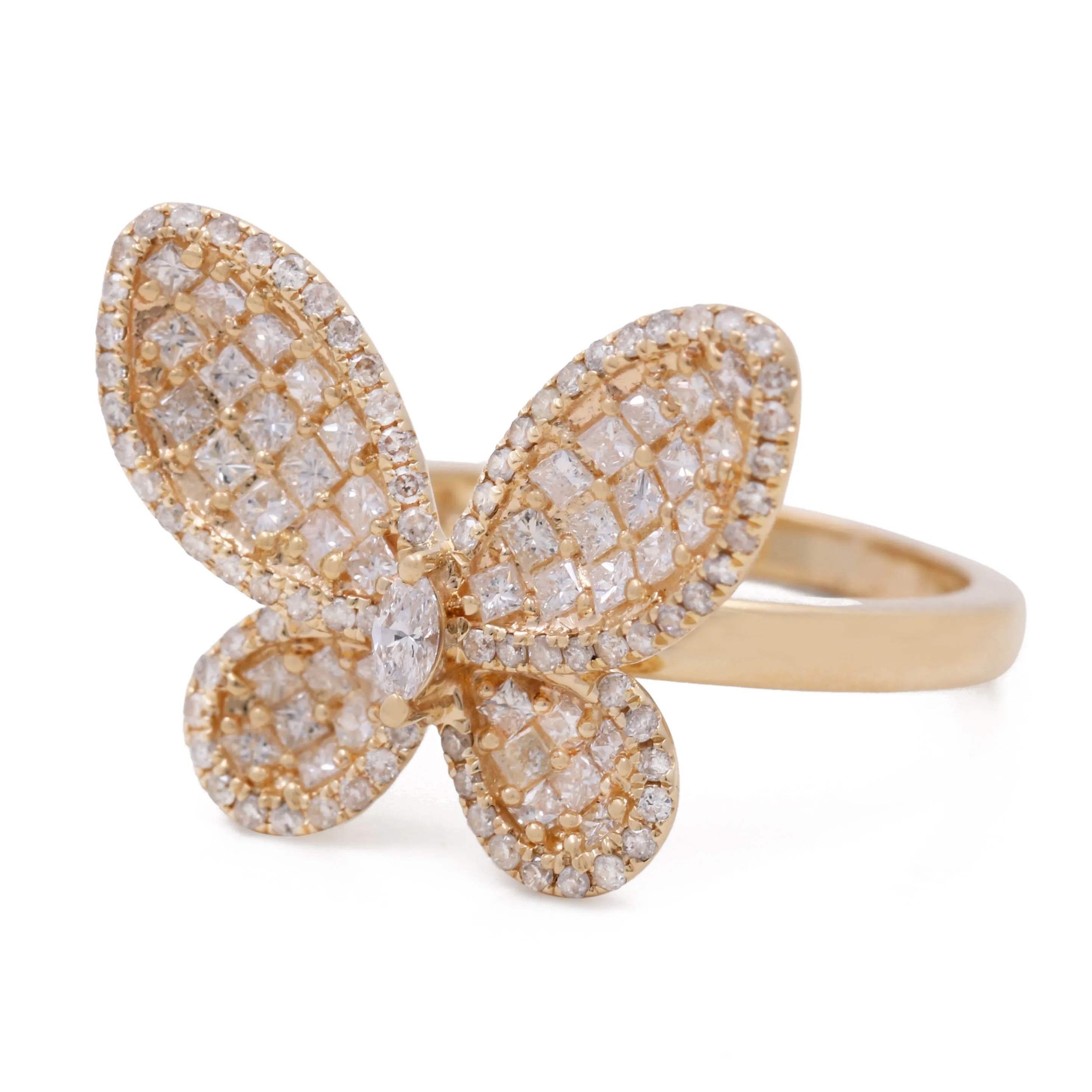 14K Yellow Gold Women's Diamond Butterfly Ring with 1.21 TW Round Diamonds