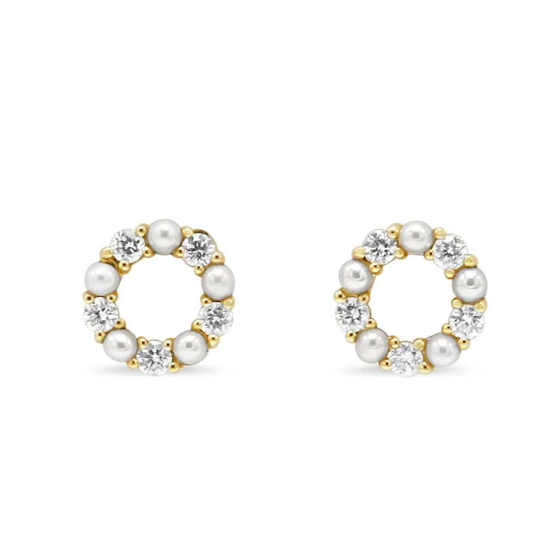 18ct Yellow Gold Diamond & Cultured Pearl Circle Stud Earrings