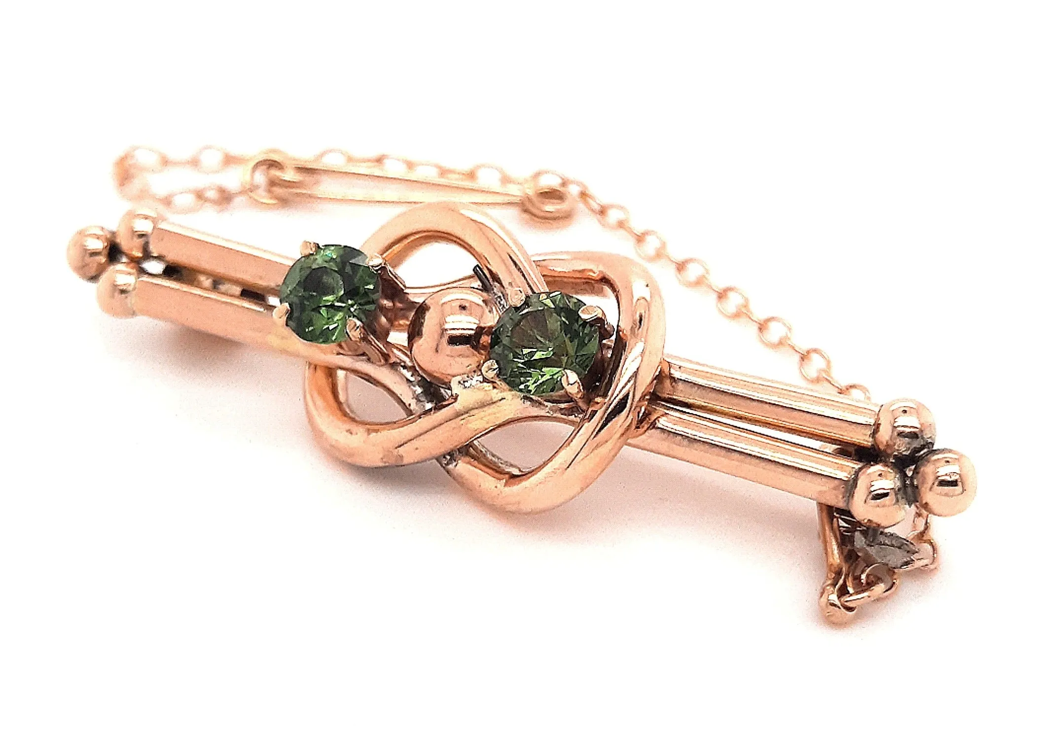 9ct Yellow Gold Love Knot Double Bar Brooch with Green Rhinestones