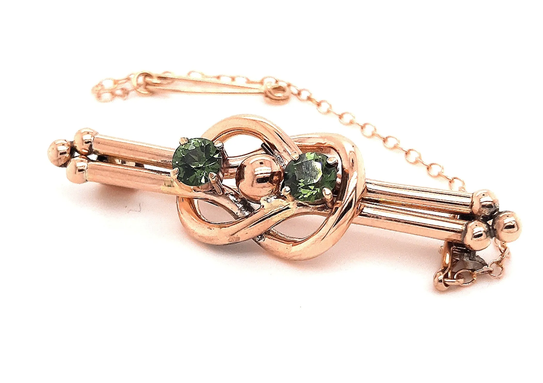 9ct Yellow Gold Love Knot Double Bar Brooch with Green Rhinestones