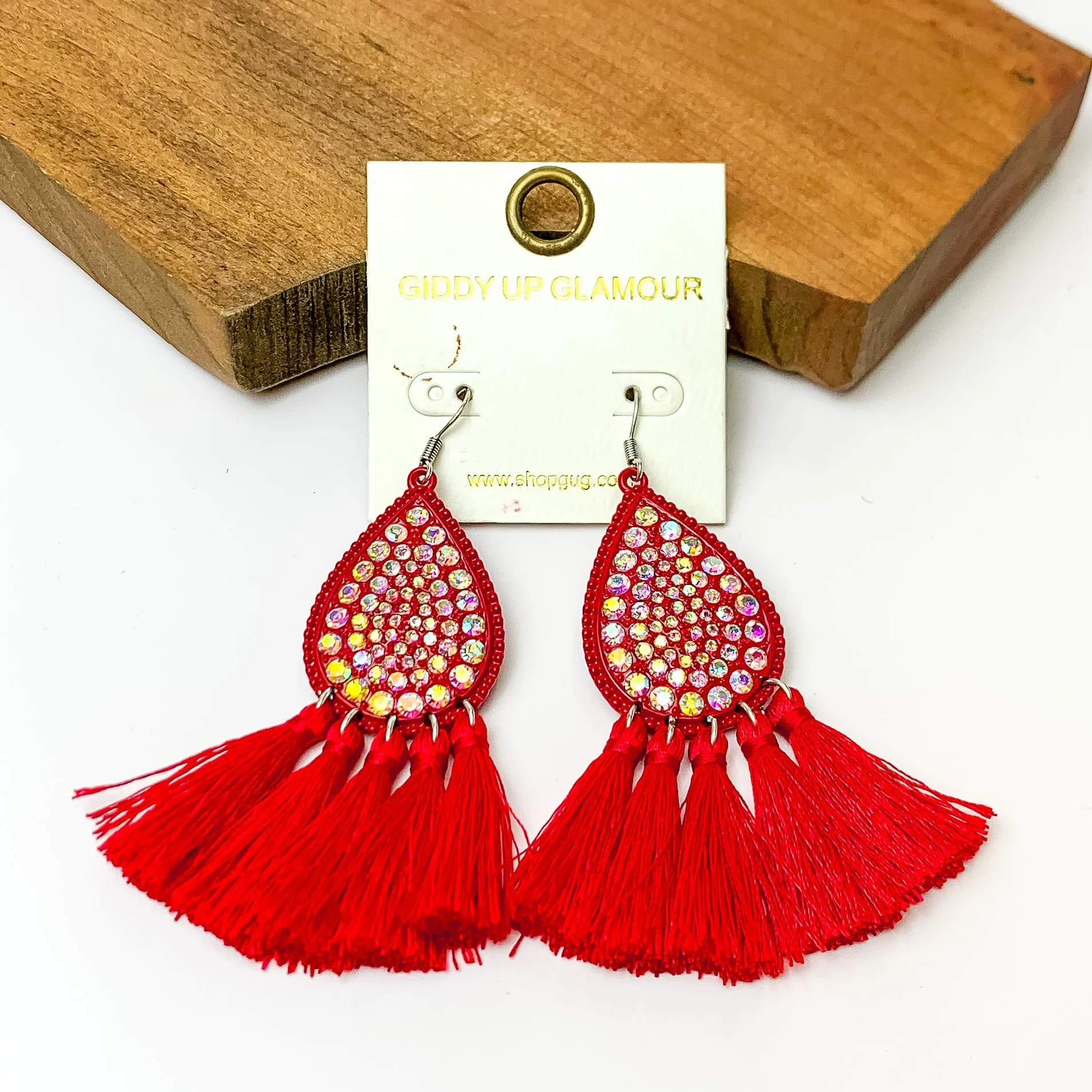 AB Crystal Teardrop Earrings with Tassel Trim in Red