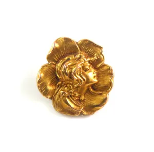 Antique 14k Gold Art Nouveau Maiden Lady Poppy Flower Brooch Pin