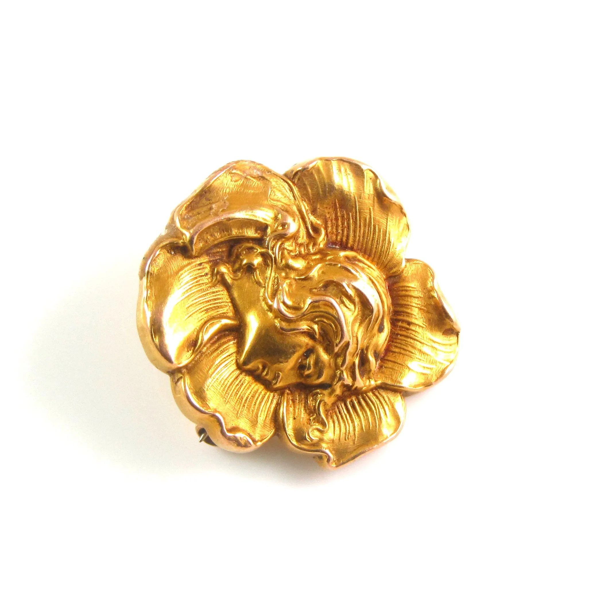 Antique 14k Gold Art Nouveau Maiden Lady Poppy Flower Brooch Pin