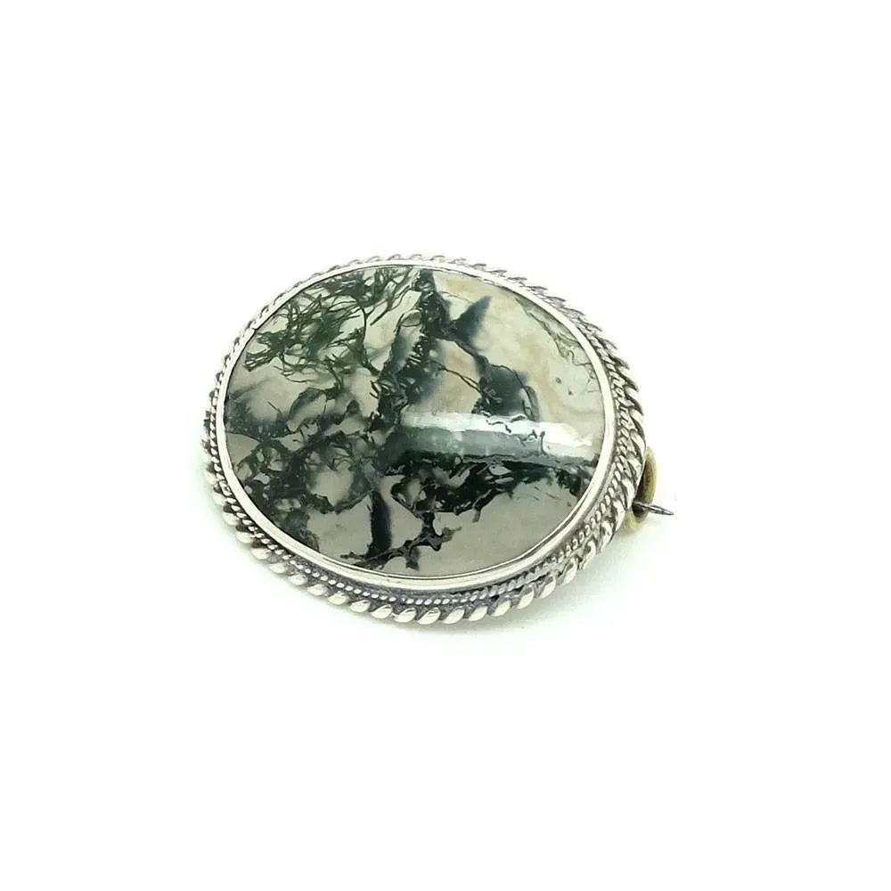 Antique Victorian Moss Agate Silver Brooch Pin