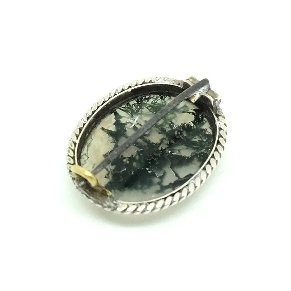 Antique Victorian Moss Agate Silver Brooch Pin