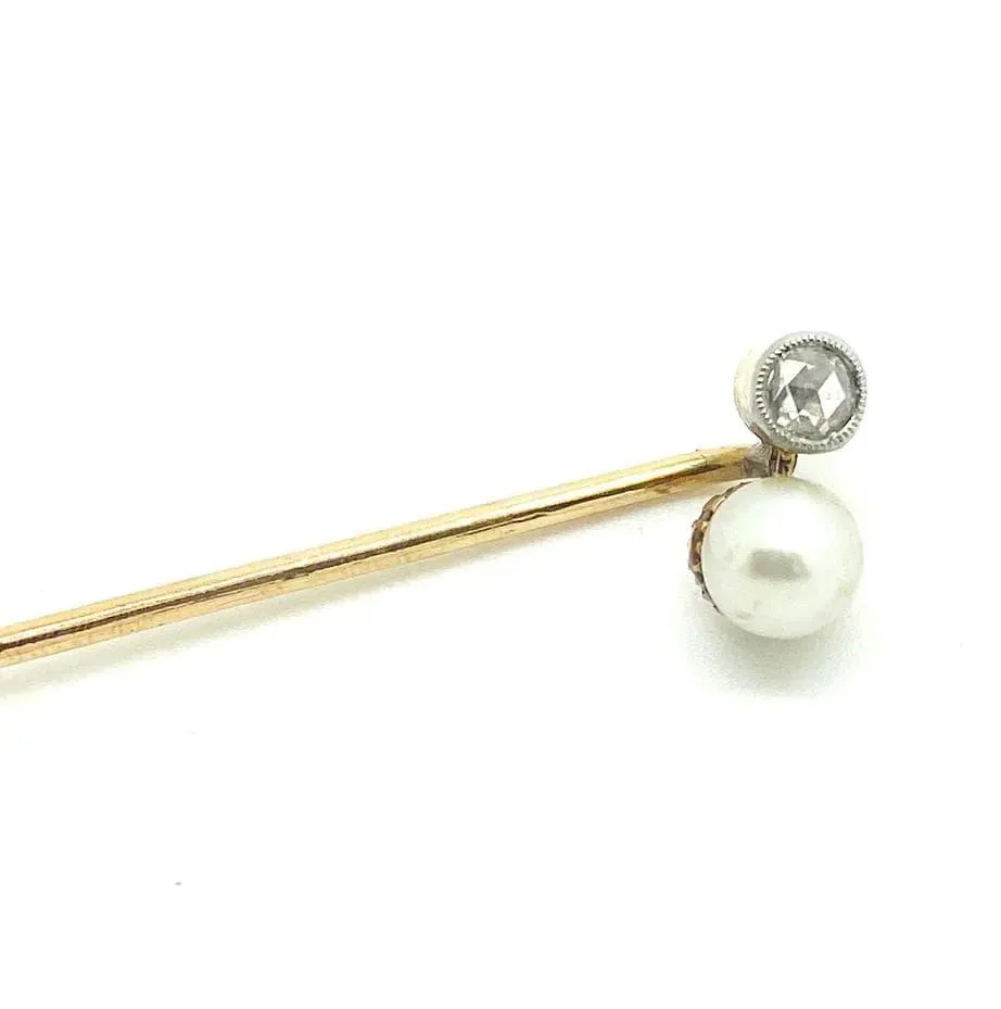 Antique Victorian Rose Cut Diamond Pearl Cravat Tie Stick Pin Brooch