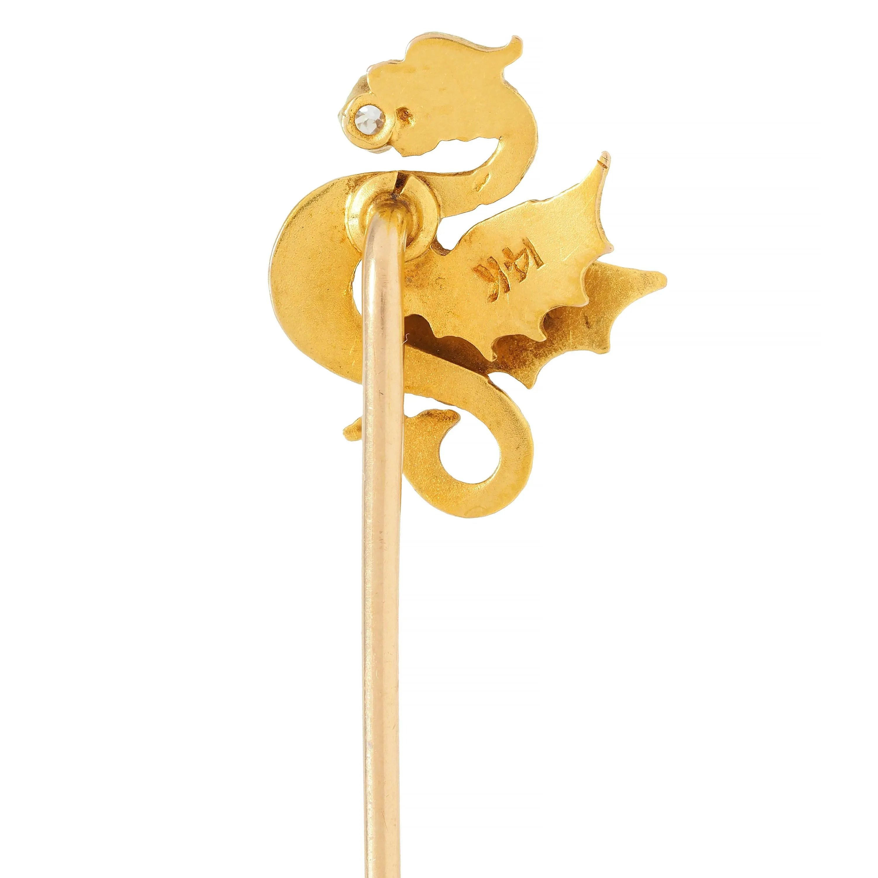 Art Nouveau Diamond 14 Karat Yellow Gold Dragon Antique Stickpin