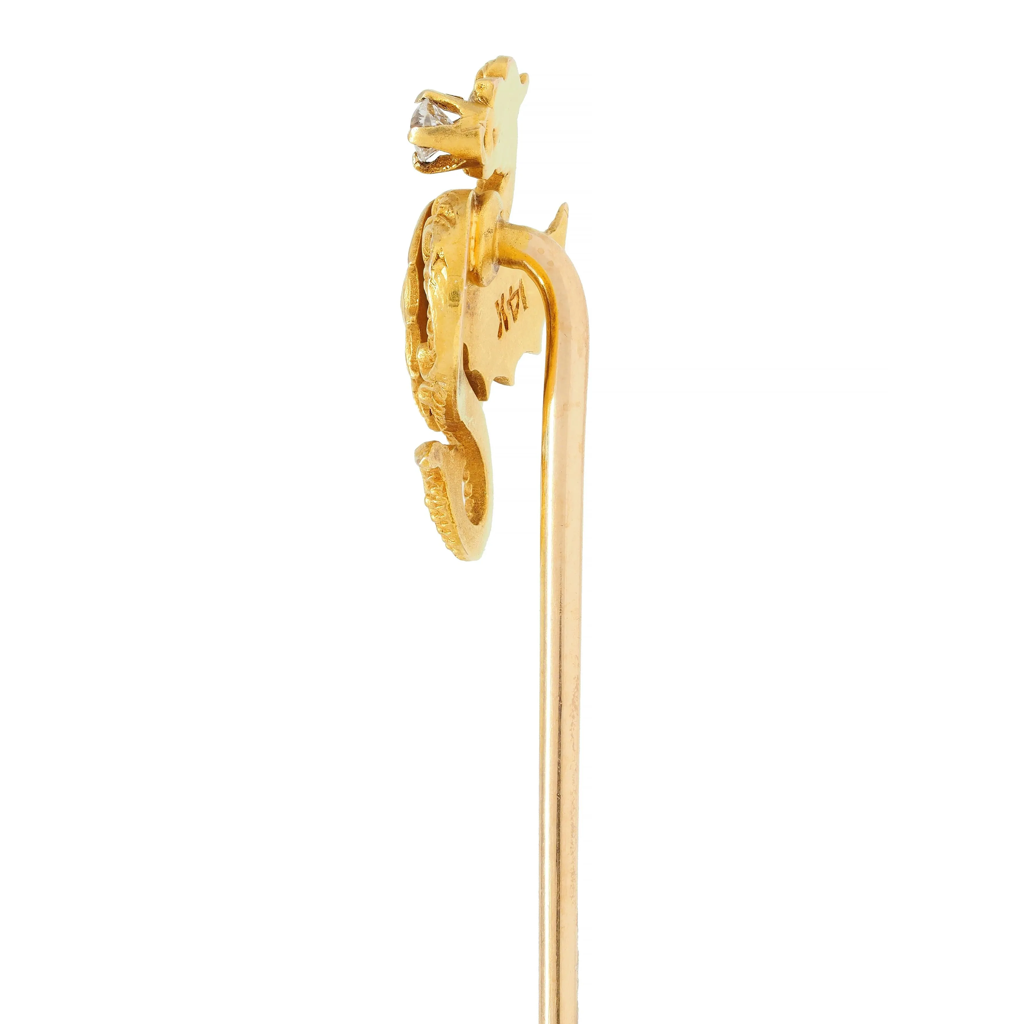 Art Nouveau Diamond 14 Karat Yellow Gold Dragon Antique Stickpin