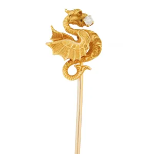 Art Nouveau Diamond 14 Karat Yellow Gold Dragon Antique Stickpin