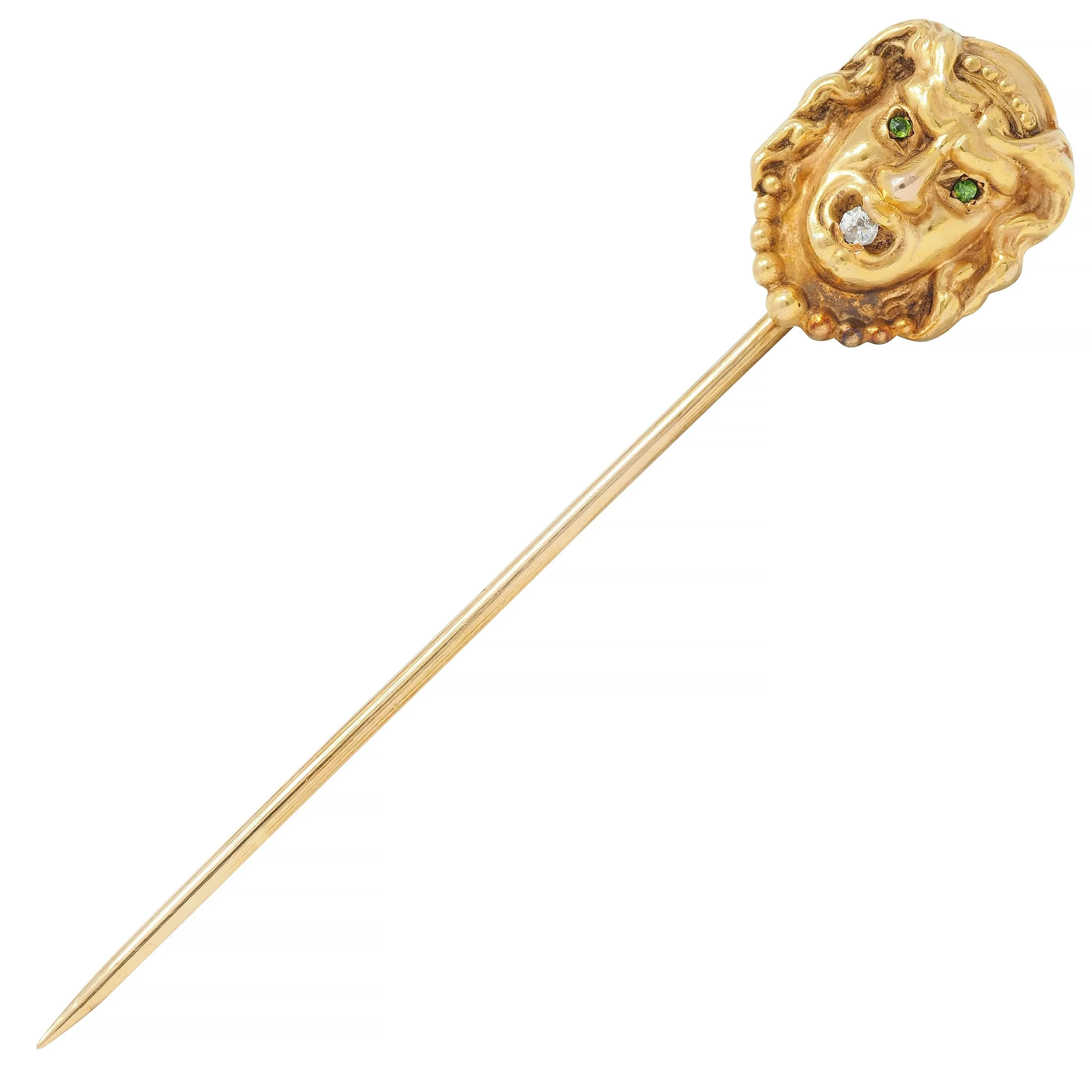 Art Nouveau Diamond Demantoid Garnet 14 Karat Yellow Gold Gorgon Stickpin