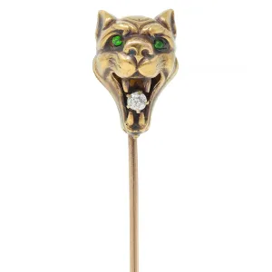 Art Nouveau Diamond Demantoid Garnet 14 Karat Yellow Gold Lion Antique Stickpin