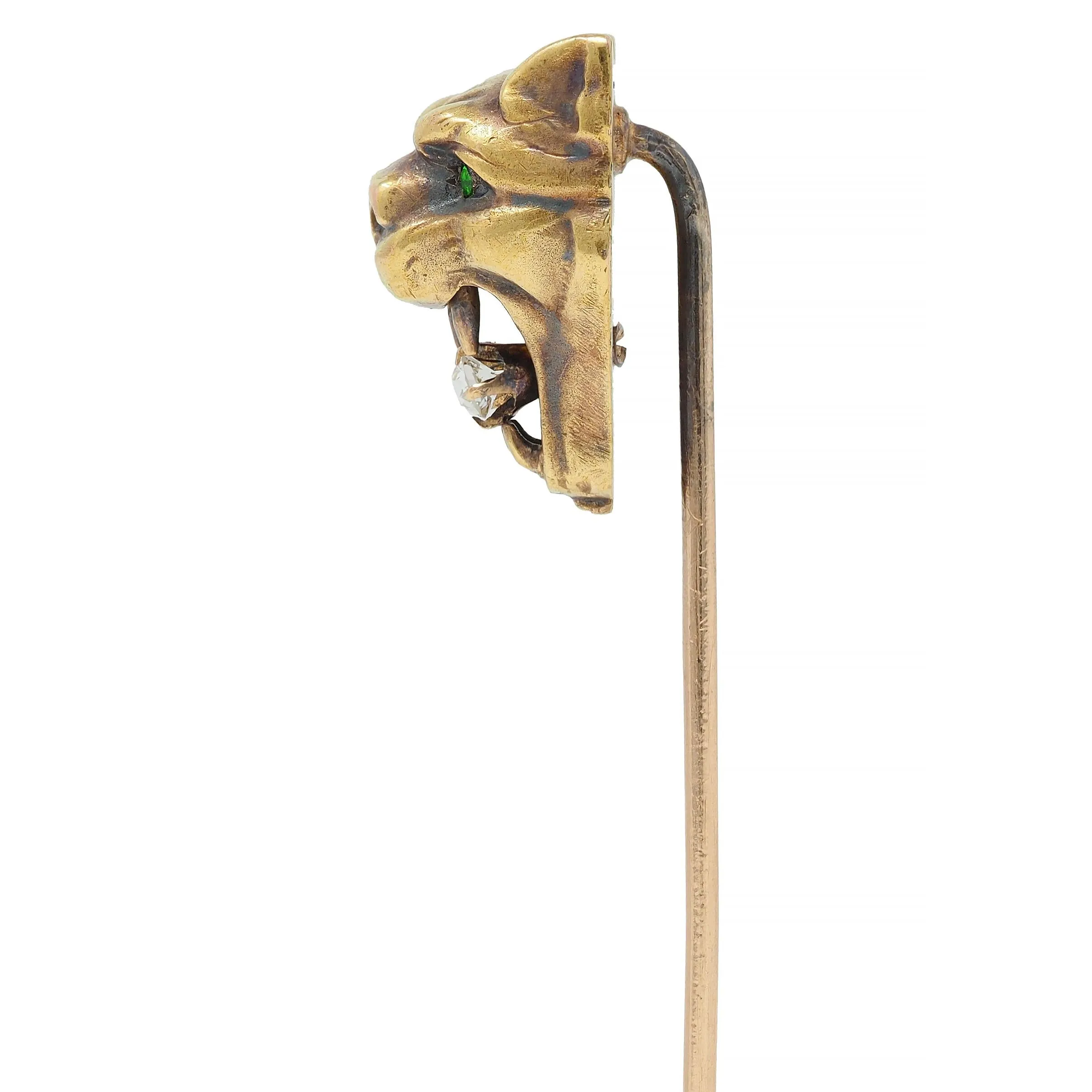 Art Nouveau Diamond Demantoid Garnet 14 Karat Yellow Gold Lion Antique Stickpin