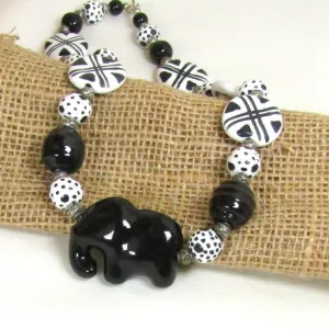 Black & White Kazuri Necklace with Black Elephant