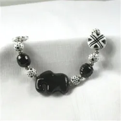 Black & White Kazuri Necklace with Black Elephant