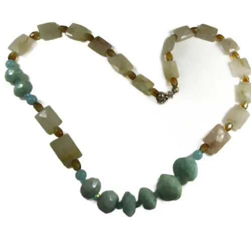 Blue Green Amazonite and Rutilated Quartz Bead Necklace