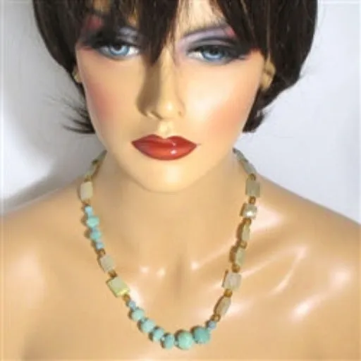 Blue Green Amazonite and Rutilated Quartz Bead Necklace