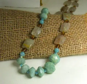 Blue Green Amazonite and Rutilated Quartz Bead Necklace