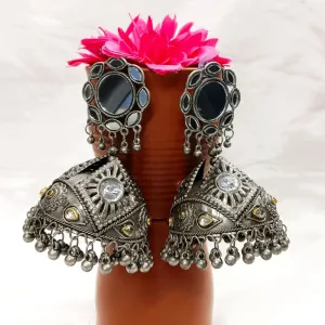 Blythediva Oxidised Plated Mirror Jhumkis Earrings