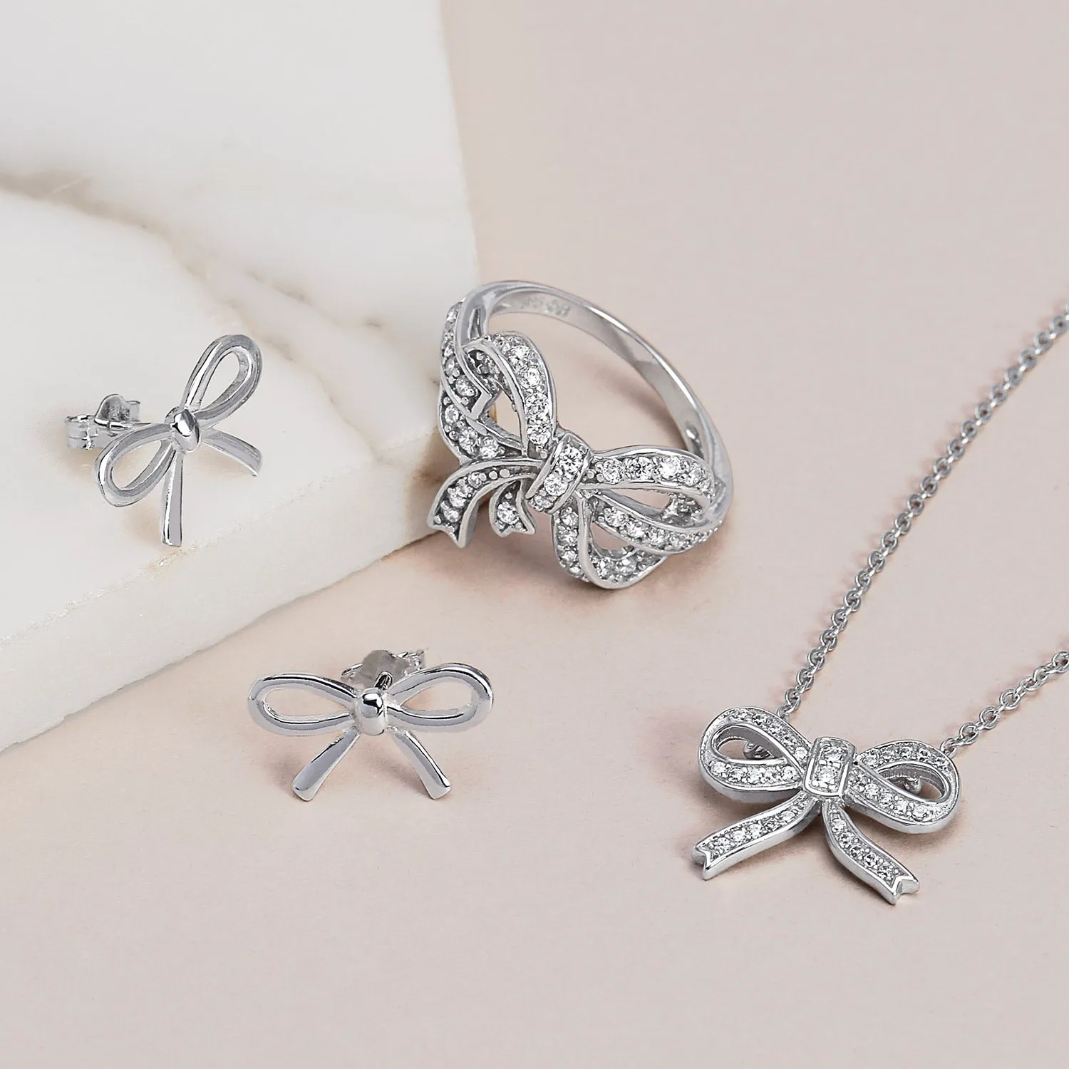 Bridal Necklace Sterling Silver CZ Ribbon Bow Pendant Romantic Holiday Gift