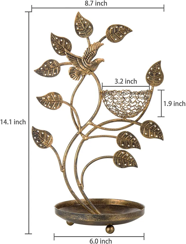 Bronze-Tone 14-Inch Tree & Bird Nest Earring Stand, Jewelry Tower w/ Ring Trinket Organizing Tray