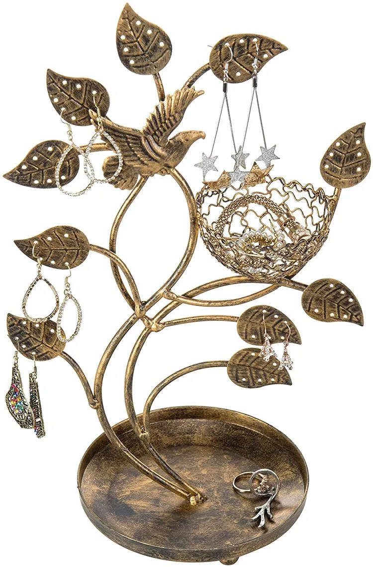 Bronze-Tone 14-Inch Tree & Bird Nest Earring Stand, Jewelry Tower w/ Ring Trinket Organizing Tray