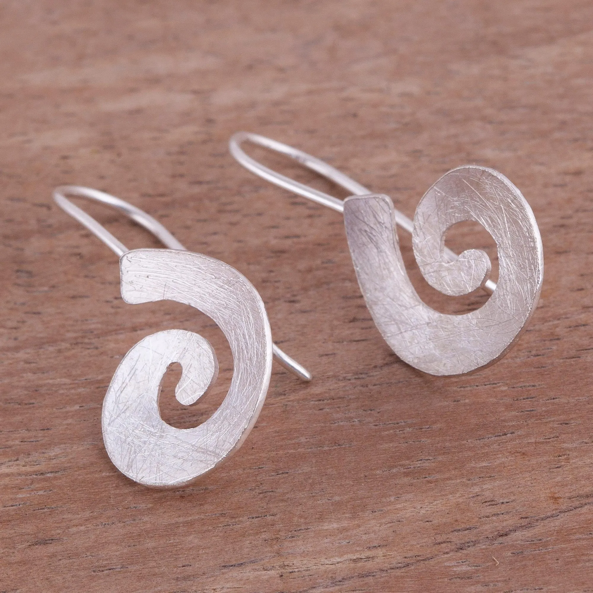 Brushed Spirals Spiral-Shaped Sterling Silver Drop Earrings from Peru