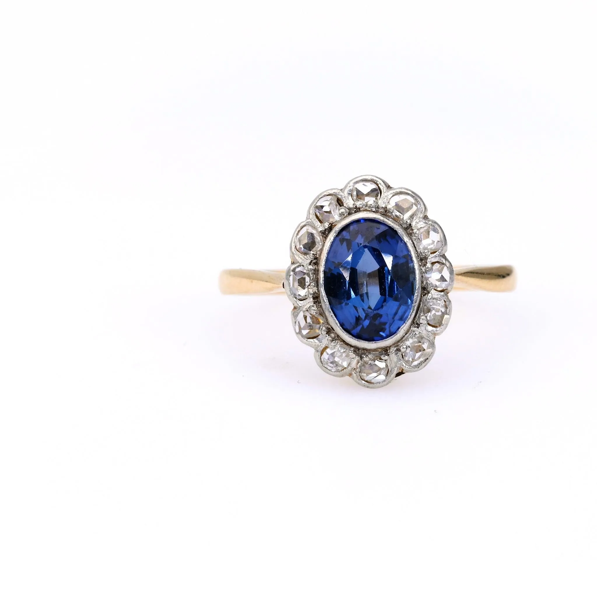 Edwardian Sapphire Diamond 18k Yellow Gold Platinum Ring