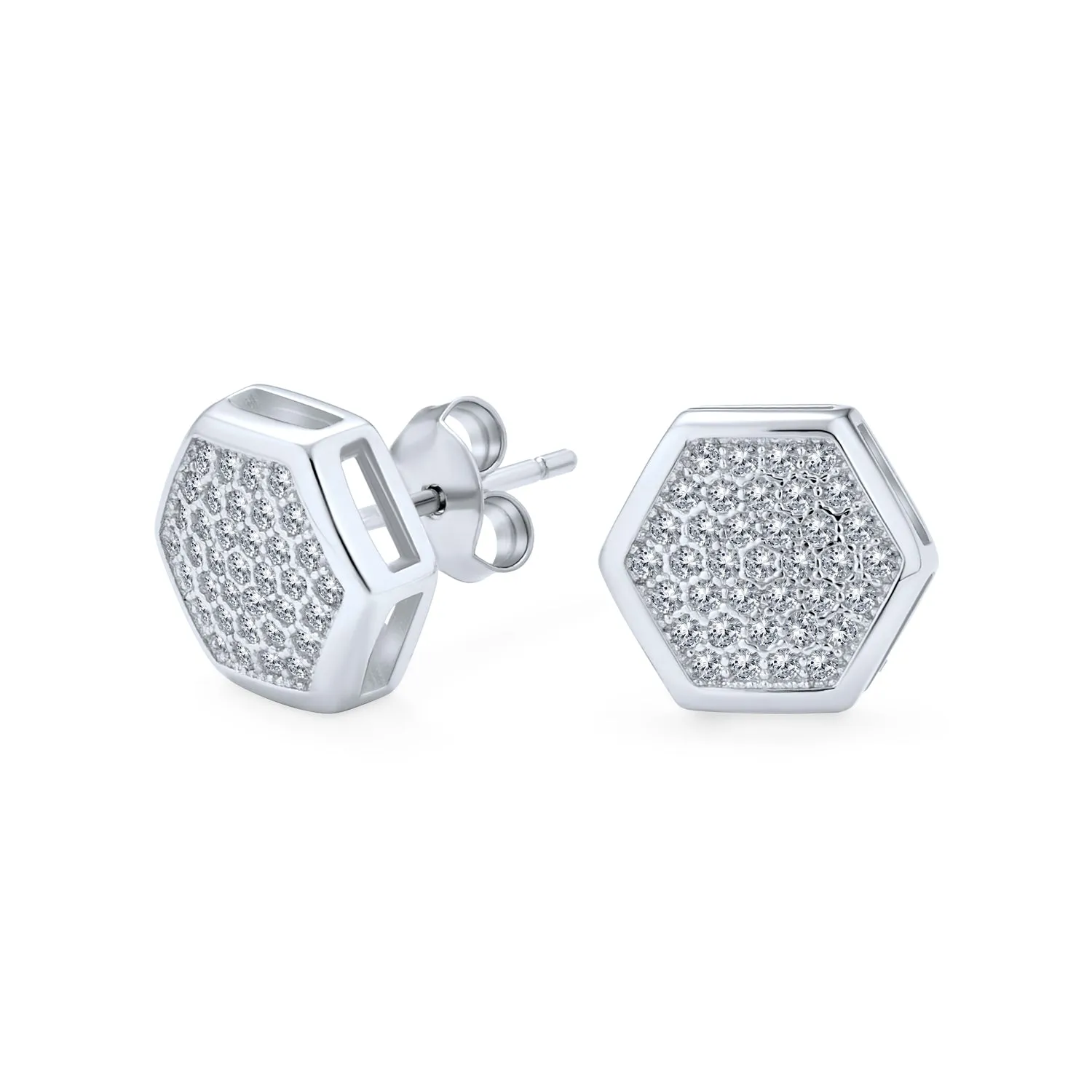 Geometric Honeycomb Hexagon CZ Stud Earrings for Men, 14K Gold Sterling Silver