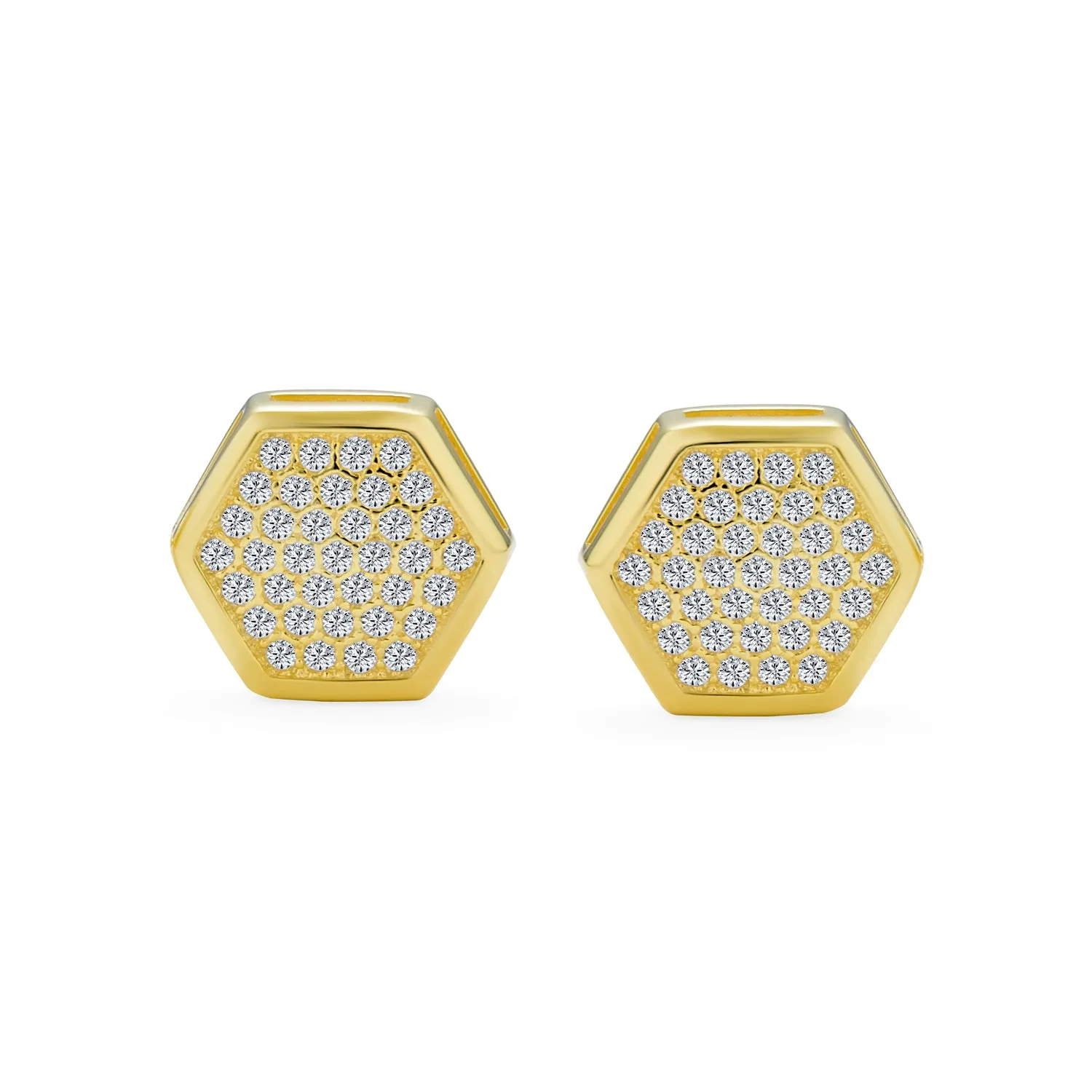 Geometric Honeycomb Hexagon CZ Stud Earrings for Men, 14K Gold Sterling Silver