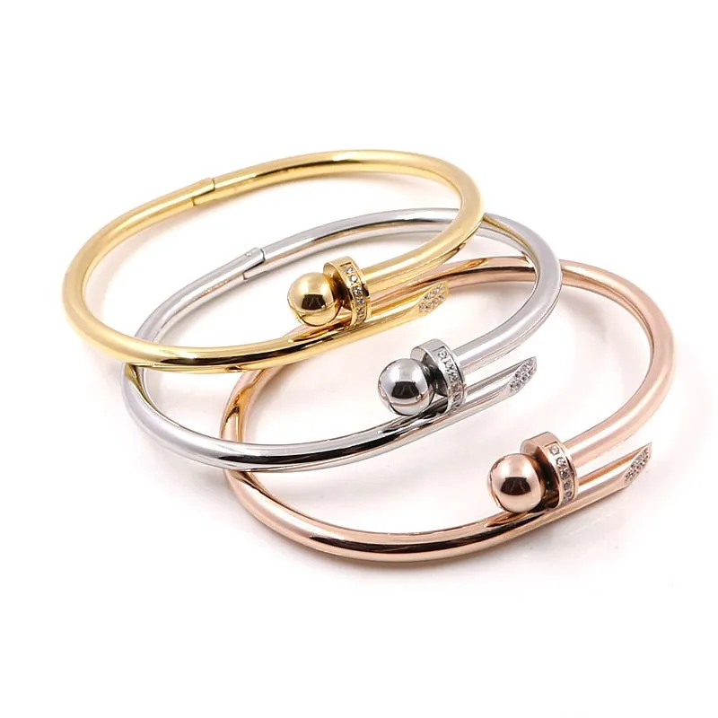 Golden Crystal Nail Bangle Bracelet with Stylish Design