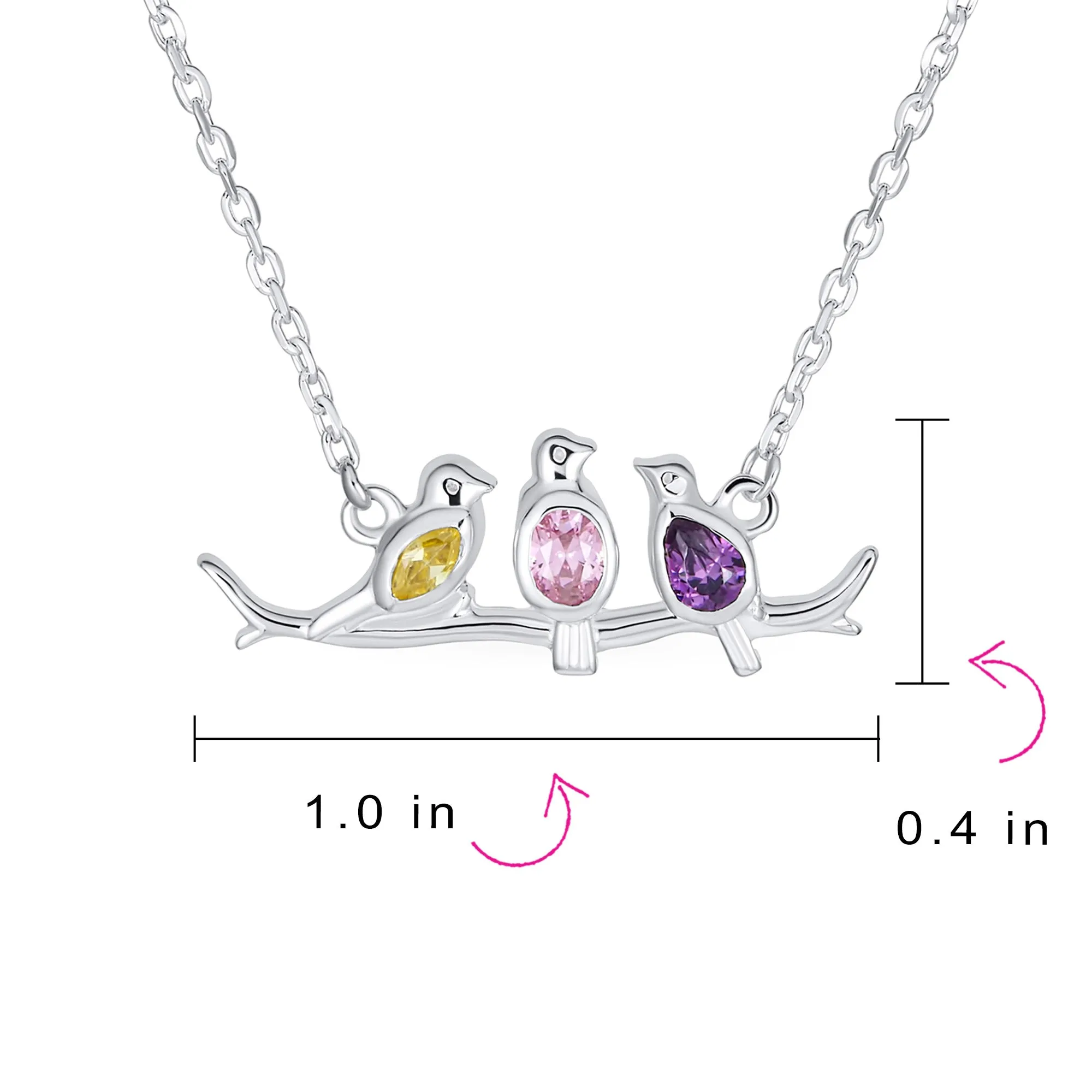 Inspirational CZ Accented Pendant Necklace with Three Birds on a Branch Sterling Silver