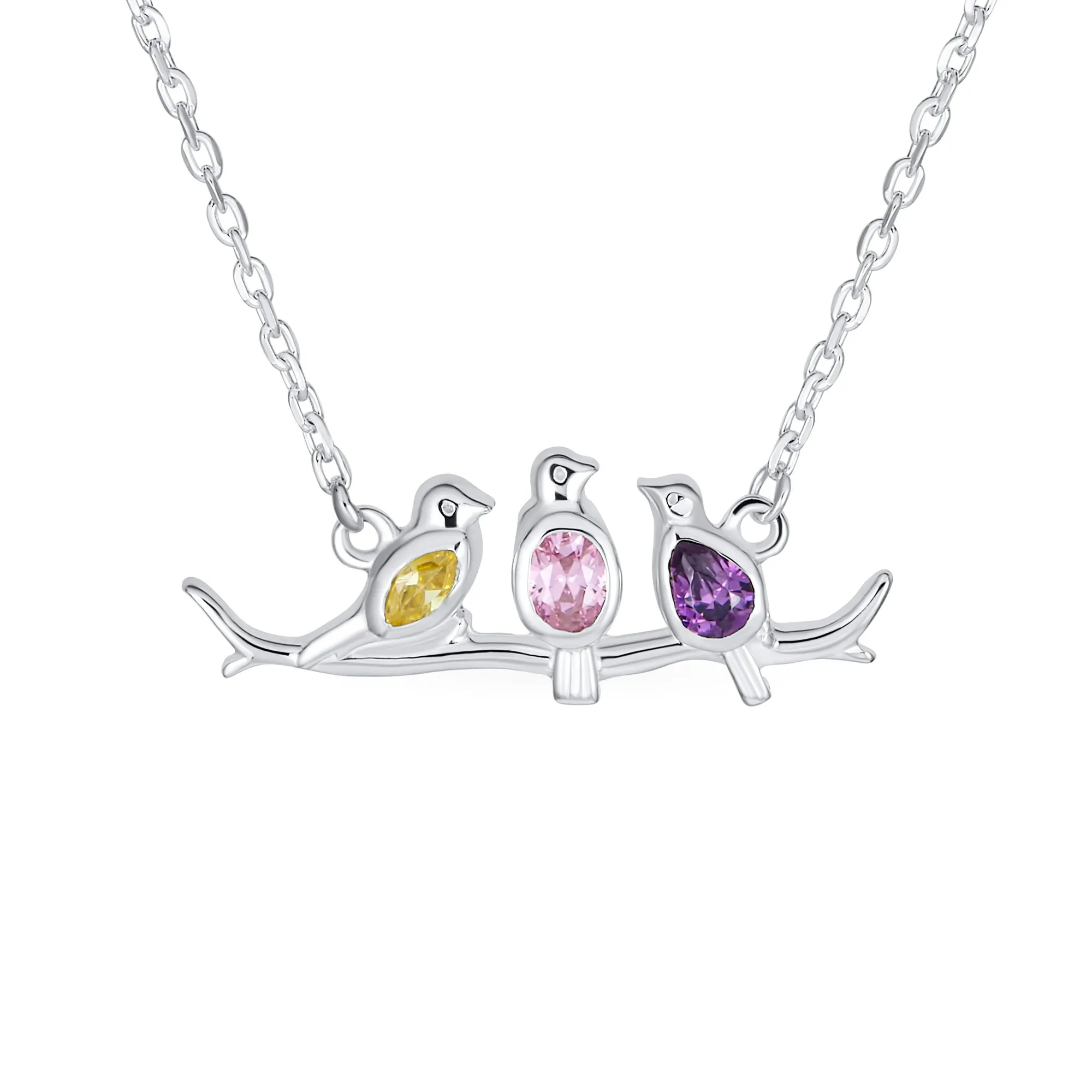 Inspirational CZ Accented Pendant Necklace with Three Birds on a Branch Sterling Silver