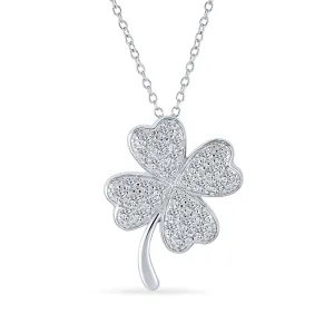 Irish Shamrock Four Leaf Clover Pendant Necklace in Sterling Silver with CZ Charm