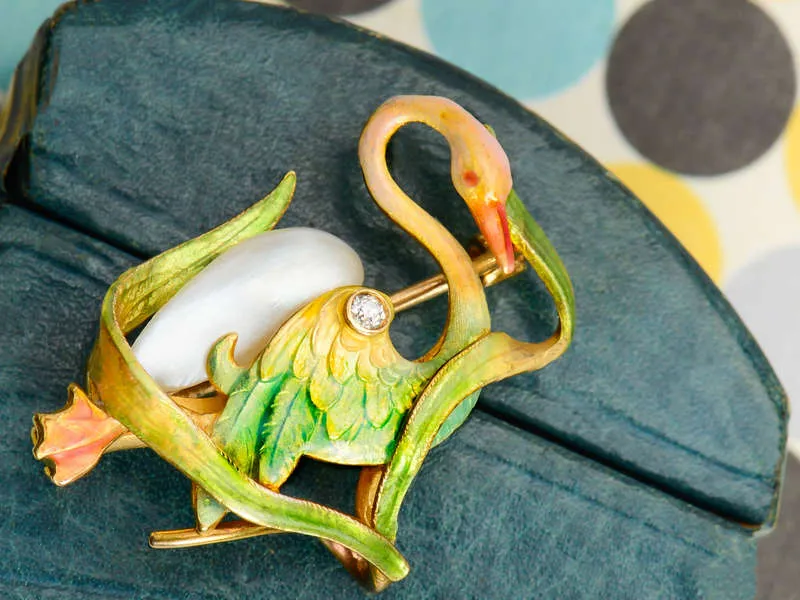 Krementz Enamel & Natural Pearl Swan Brooch