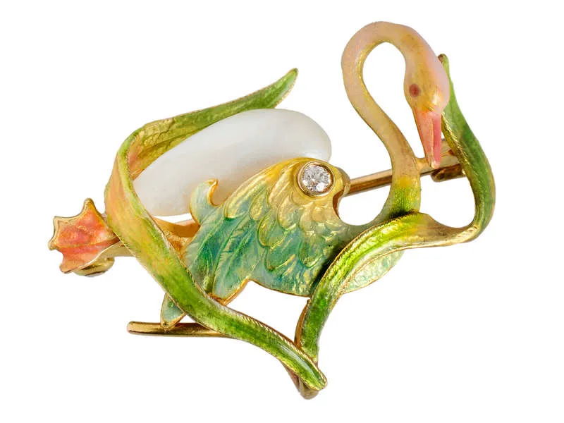 Krementz Enamel & Natural Pearl Swan Brooch