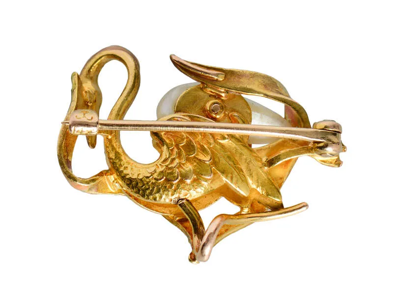 Krementz Enamel & Natural Pearl Swan Brooch