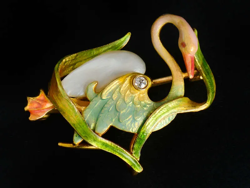 Krementz Enamel & Natural Pearl Swan Brooch