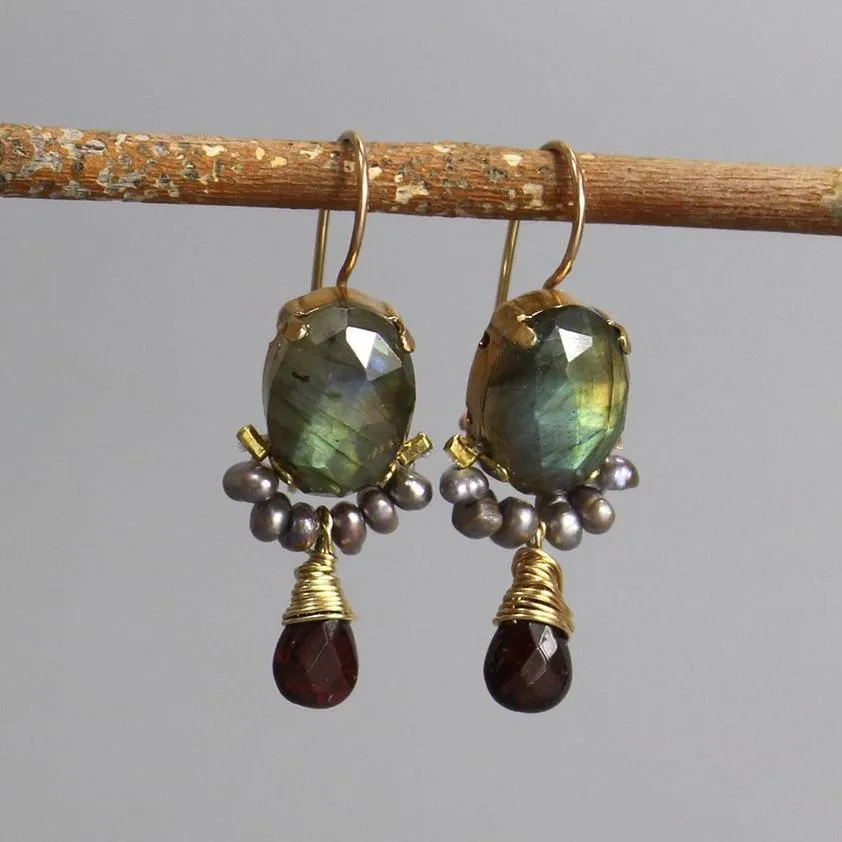 Labradorite Garnet Large Clover Earrings