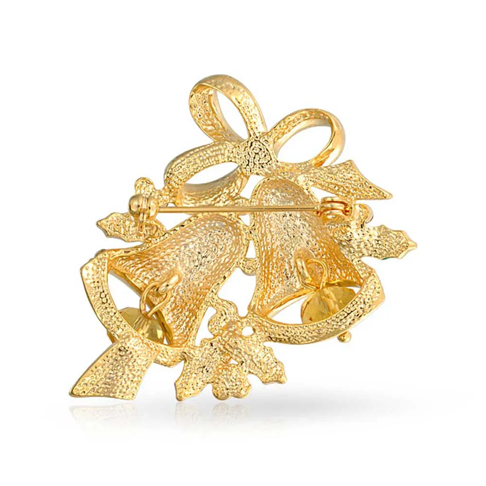 Large Fashion Statement Crystal Holiday Holly Christmas Bells Brooche Pin Gold Plated