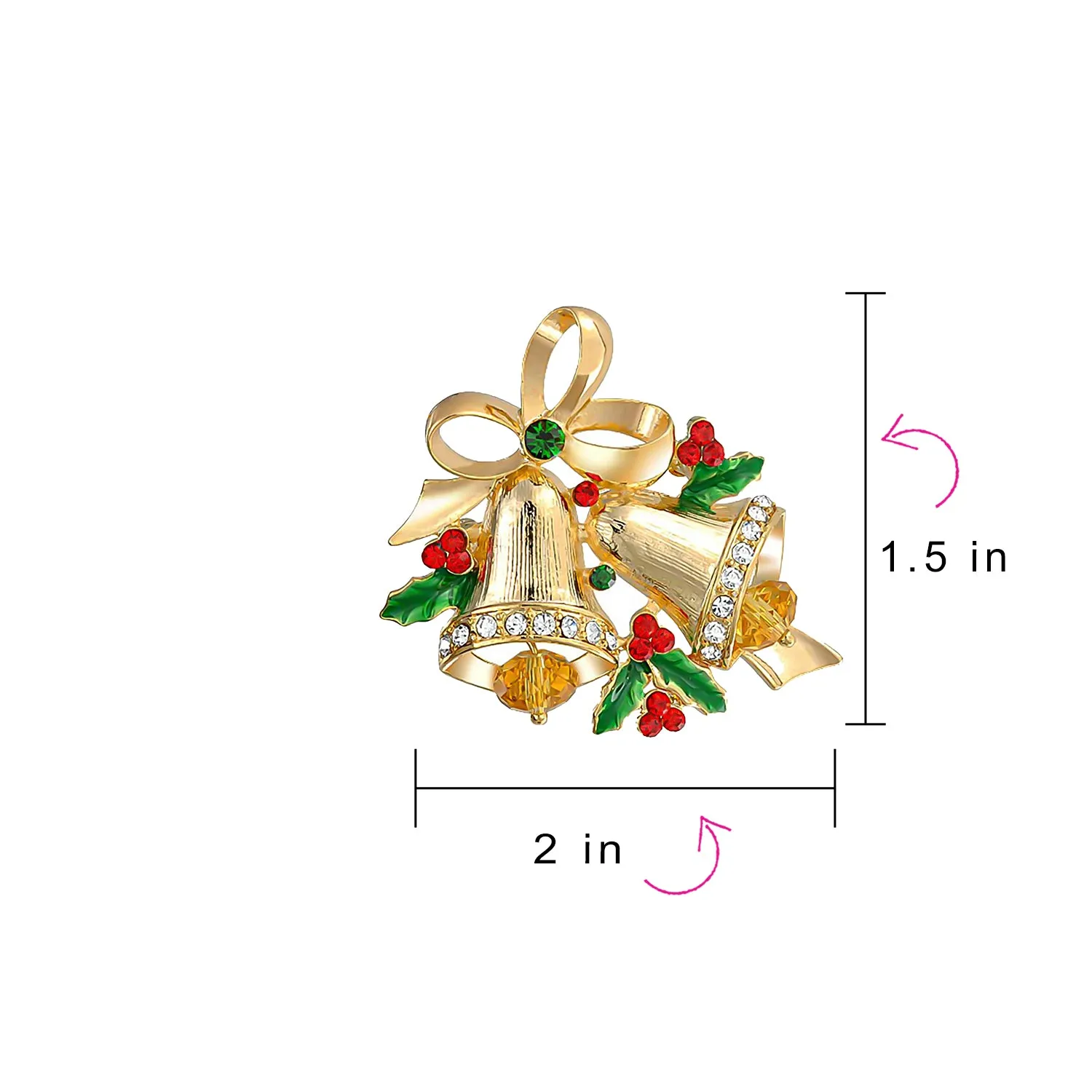 Large Fashion Statement Crystal Holiday Holly Christmas Bells Brooche Pin Gold Plated