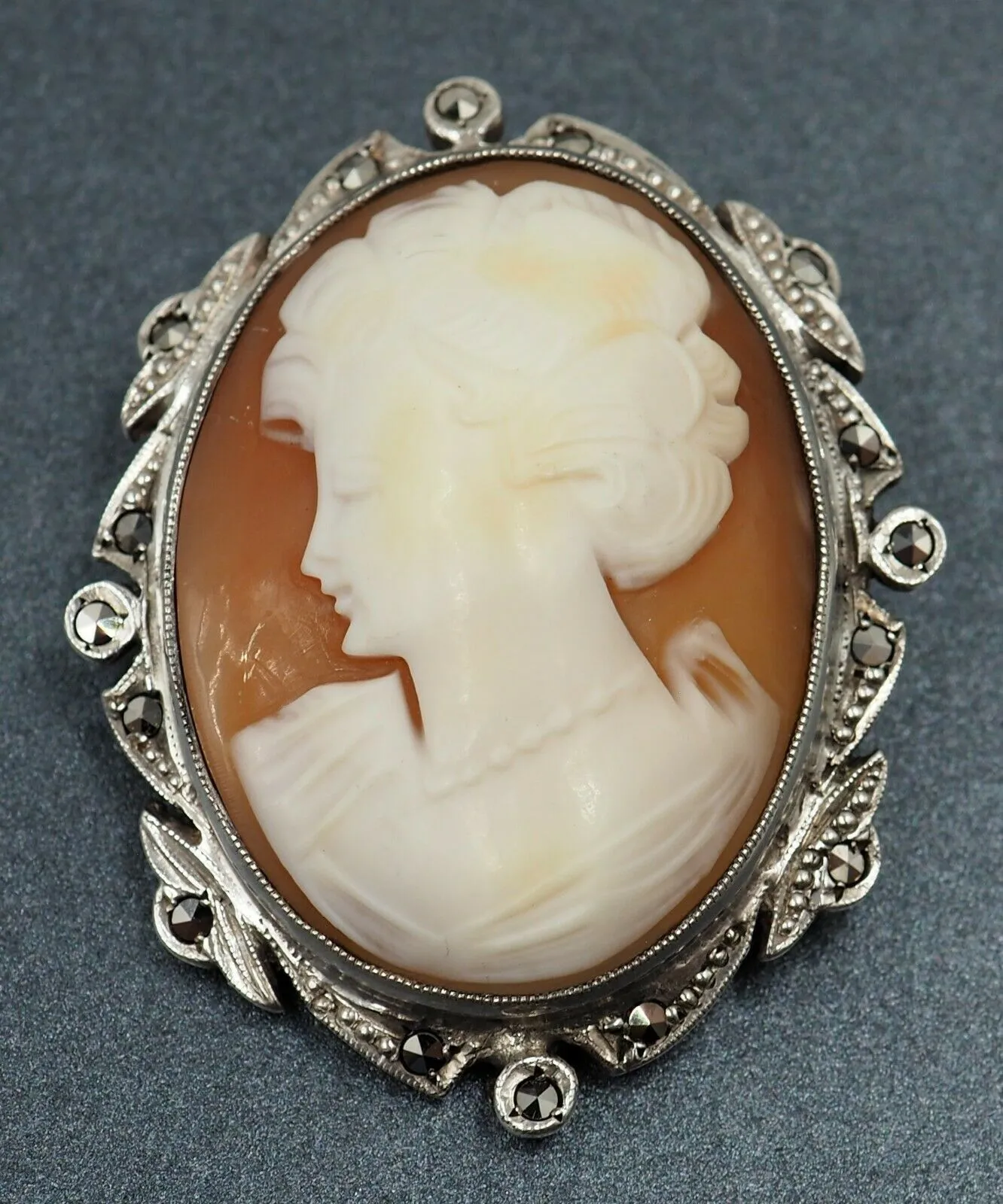 Marcasite & Shell Cameo Sterling Silver Brooch