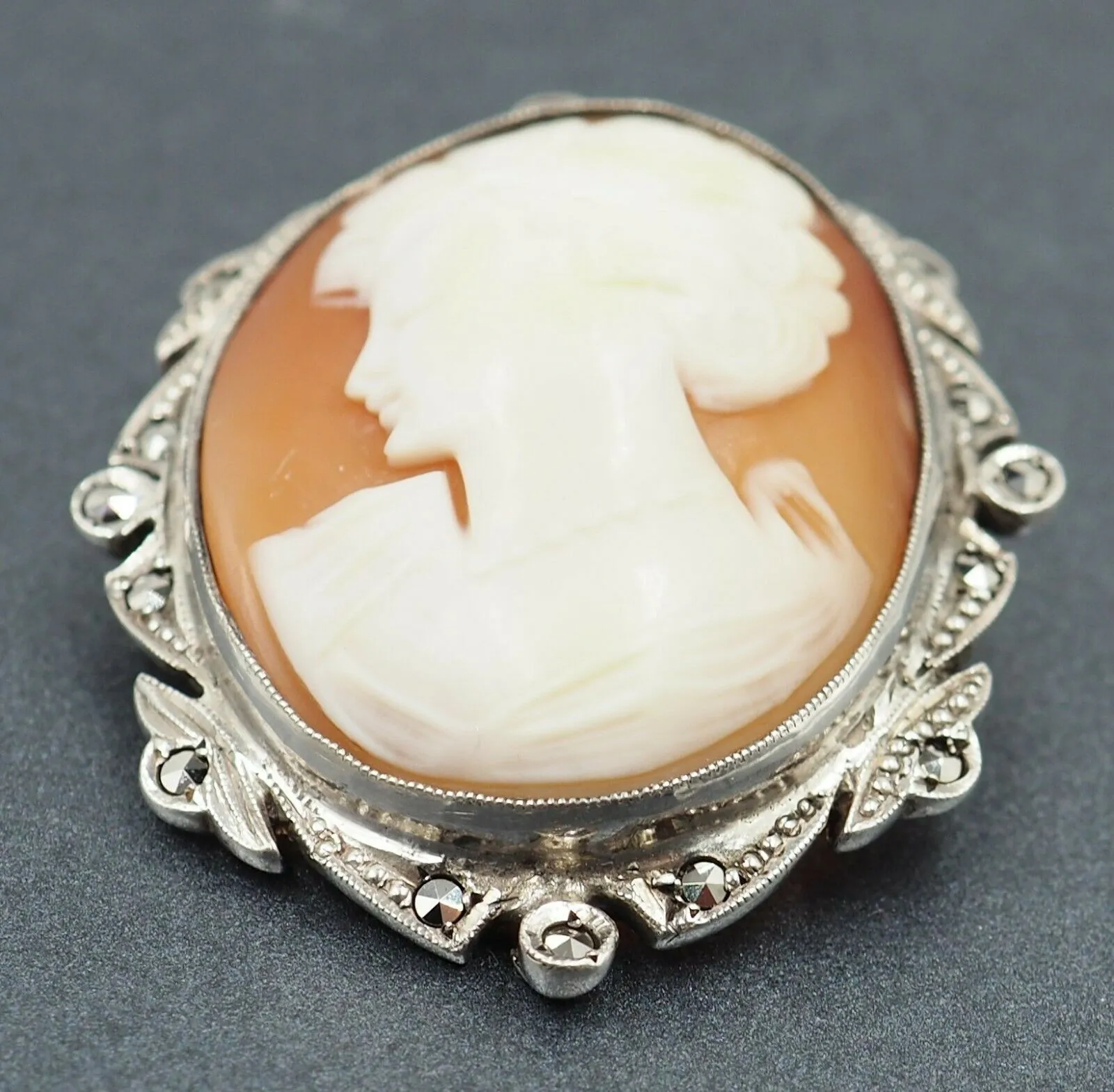 Marcasite & Shell Cameo Sterling Silver Brooch