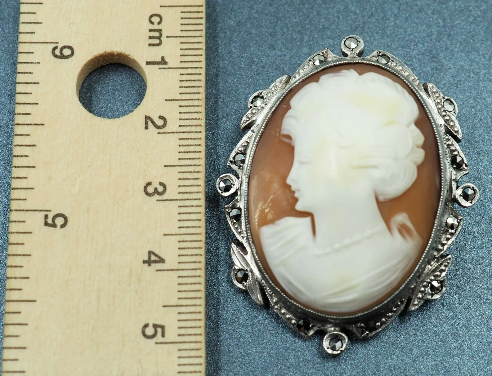 Marcasite & Shell Cameo Sterling Silver Brooch